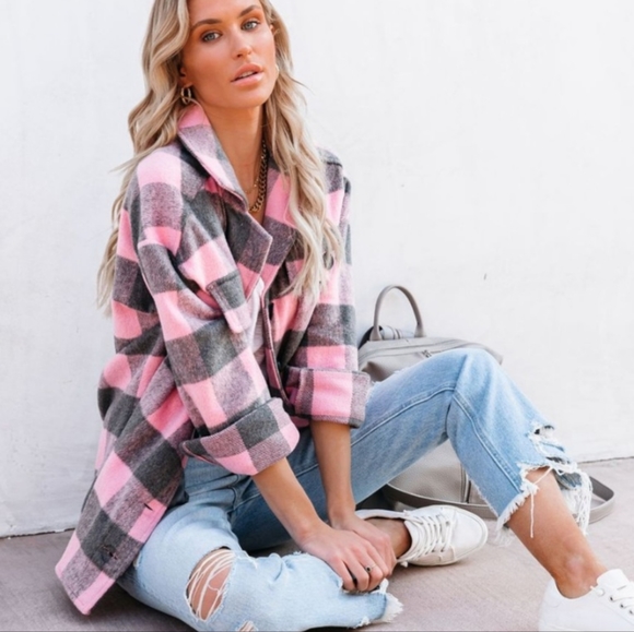 Vici Jackets & Blazers - Larry Pocketed Buffalo Plaid Shacket - Pink